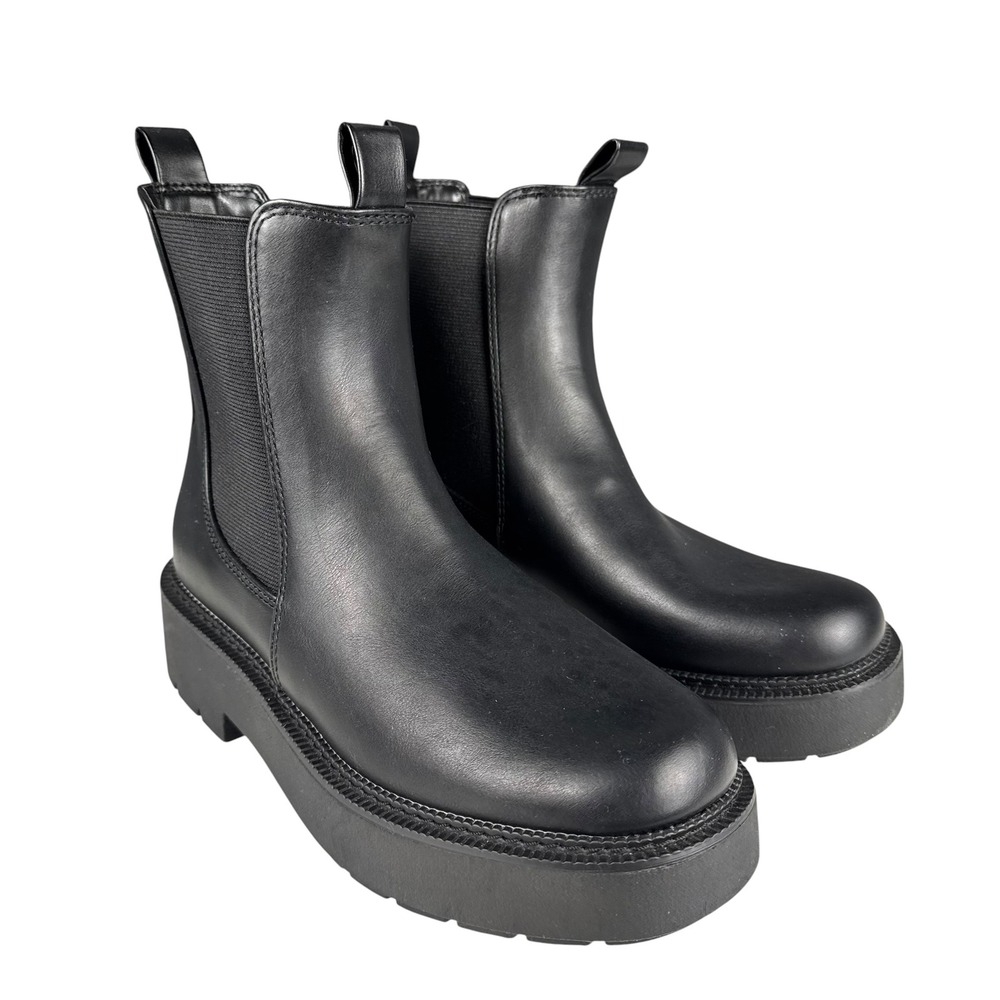 Womans Black Faux Leather Platform Chelsea Boots Chunky Lug Sole Ankle Boots 6.5